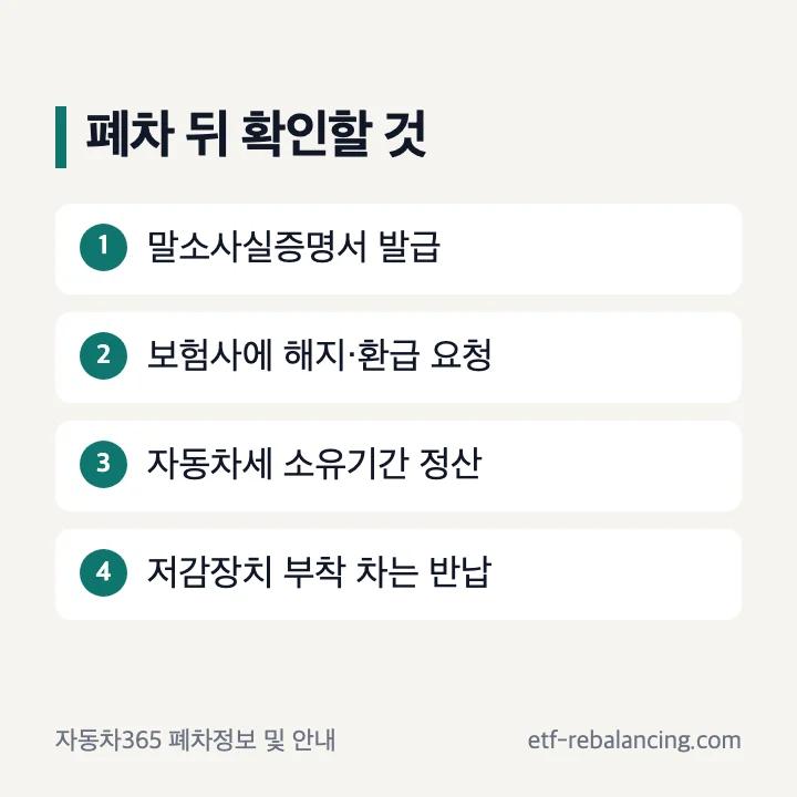폐차 뒤 확인할 것: 말소사실증명서, 보험 해지·환급, 자동차세 정산, 저감장치 반납