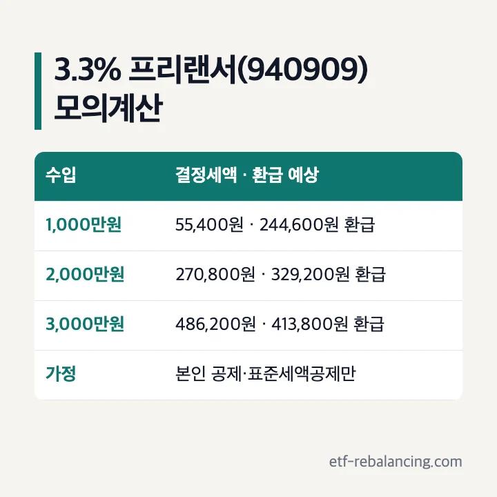 3.3% 프리랜서(940909) 종합소득세 모의계산: 수입 1,000만원 결정세액 55,400원·244,600원 환급, 2,000만원 270,800원·329,200원 환급, 3,000만원 486,200원·413,800원 환급, 본인 공제·표준세액공제만 가정