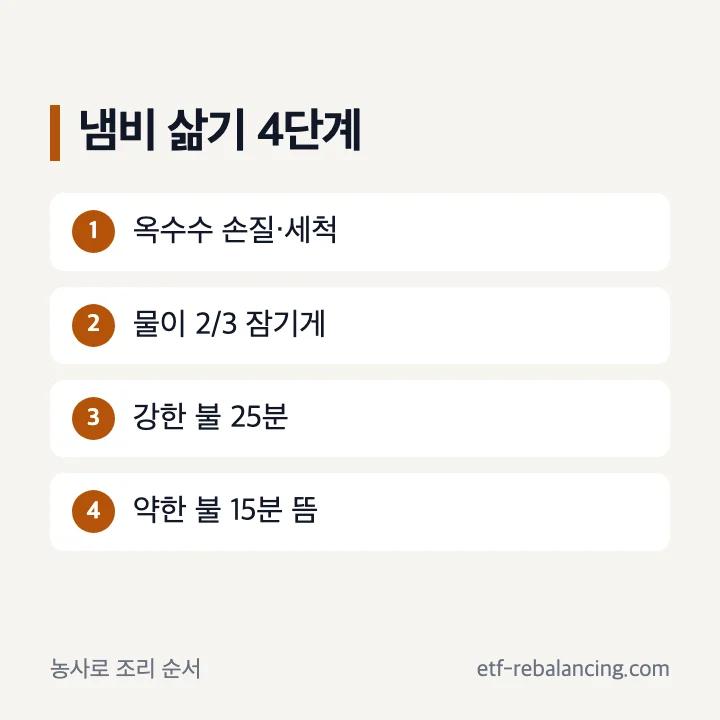 찰옥수수 냄비 손질 물 붓기 강한 불 약한 불 순서
