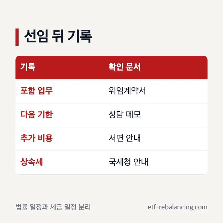상속변호사 선임 뒤 업무 기한 비용 세금 기록표