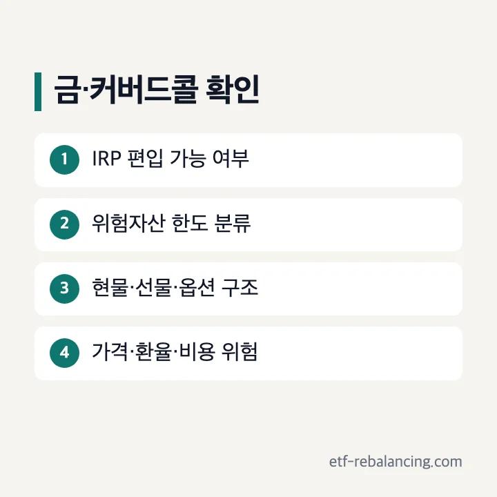 IRP 금 커버드콜 상품 확인 항목