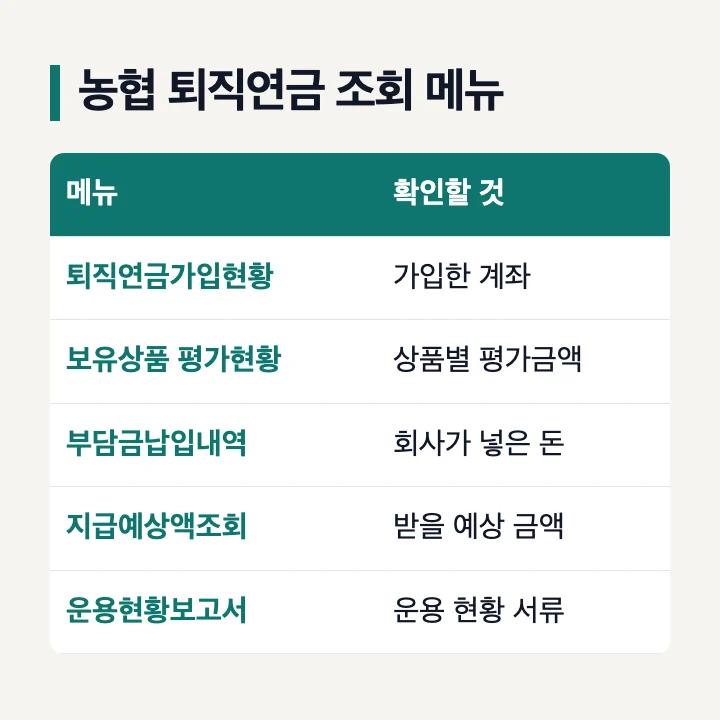 농협 퇴직연금 조회 메뉴 표