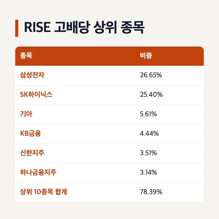 RISE 고배당 ETF 종목 비중 10월 8일 삼성전자 26.65% SK하이닉스 25.40% 기아 5.61% KB금융 4.44% 신한지주 3.51% 하나금융지주 3.14%