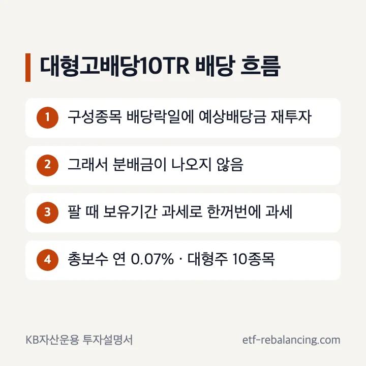 RISE 대형고배당10TR 배당 흐름 구성종목 배당락일 예상배당금 재투자 분배금 없음 팔 때 보유기간 과세 총보수 연 0.07%