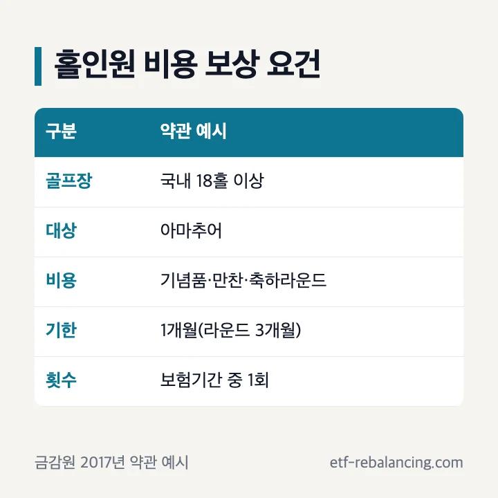 홀인원 비용 보상 요건: 국내 18홀 이상 골프장, 아마추어, 1개월 안 실제 지출, 보험기간 중 1회