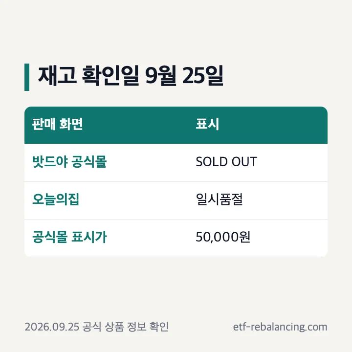 2026년 9월 25일 밧드야 분리수거함 공식몰 50000원 및 품절 확인