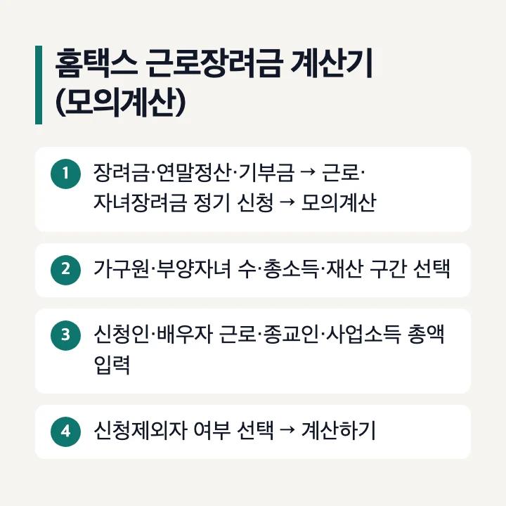 홈택스 근로장려금 계산기 모의계산 메뉴 경로와 입력 순서