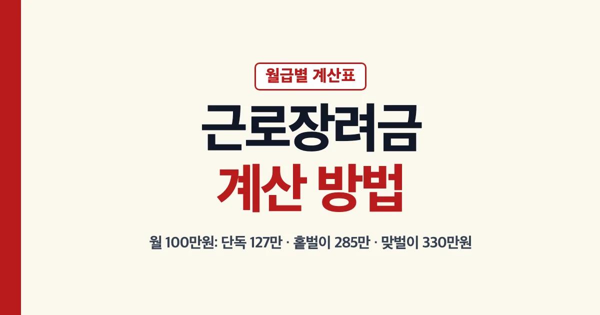 근로장려금 계산 방법 월급별 계산표 월 100만원 단독 127만원 홑벌이 285만원 맞벌이 330만원