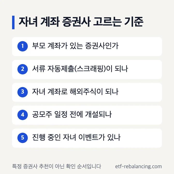 자녀 계좌 증권사 고르는 기준: 부모 계좌가 있는 증권사인가, 서류 자동제출이 되나, 해외주식이 되나, 공모주 일정 전에 개설되나, 자녀 이벤트가 있나