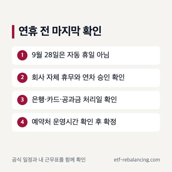 9월 28일 휴무 여부를 법정 공휴일 회사 휴무 금융 일정 순으로 확인하는 방법