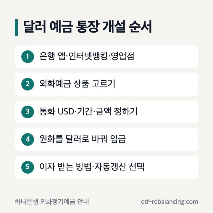 달러 예금 통장 개설 순서: 은행 앱·영업점, 외화예금 상품 선택, 통화 USD·기간·금액, 원화로 환전해 입금, 만기·자동갱신 선택