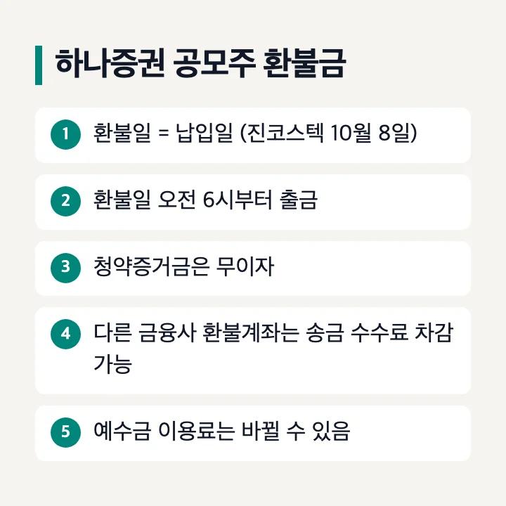 하나증권 공모주 환불금: 환불일은 납입일과 같은 날, 오전 6시 이후 출금, 청약증거금 무이자, 환불계좌를 다른 금융사로 지정하면 타행송금 수수료 차감 가능, 예수금 이용료 2025년 7월 14일 기준