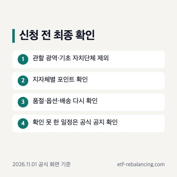 고향사랑기부제 답례품몰 신청 전 최종 확인표