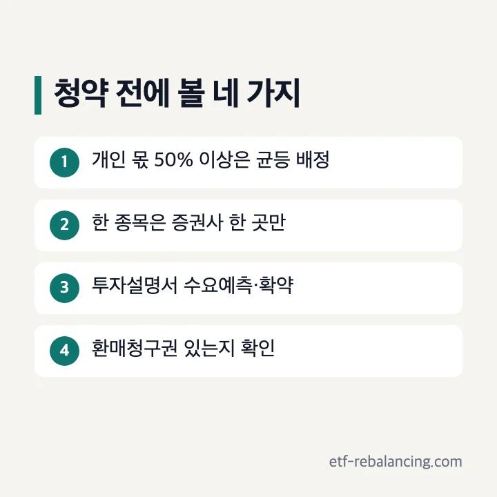 청약 전에 볼 네 가지: 개인 몫 50% 이상은 균등 배정, 한 종목은 증권사 한 곳만, 투자설명서 수요예측·확약, 환매청구권 있는지 확인