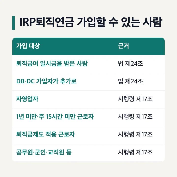 IRP퇴직연금 가입할 수 있는 사람 표