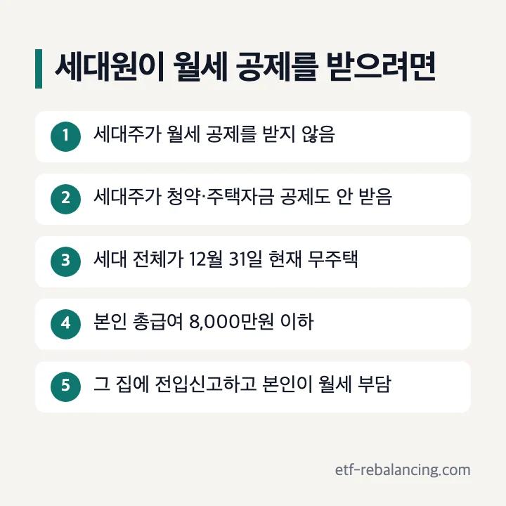 세대원이 월세 공제를 받으려면: 세대주가 월세 공제를 받지 않음, 세대주가 청약·주택자금 공제도 안 받음, 세대 전체가 12월 31일 현재 무주택, 본인 총급여 8,000만원 이하, 그 집에 전입신고하고 본인이 월세 부담