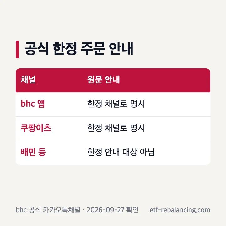 bhc 공식 게시물의 한정 안내 대상은 bhc 앱과 쿠팡이츠라는 표