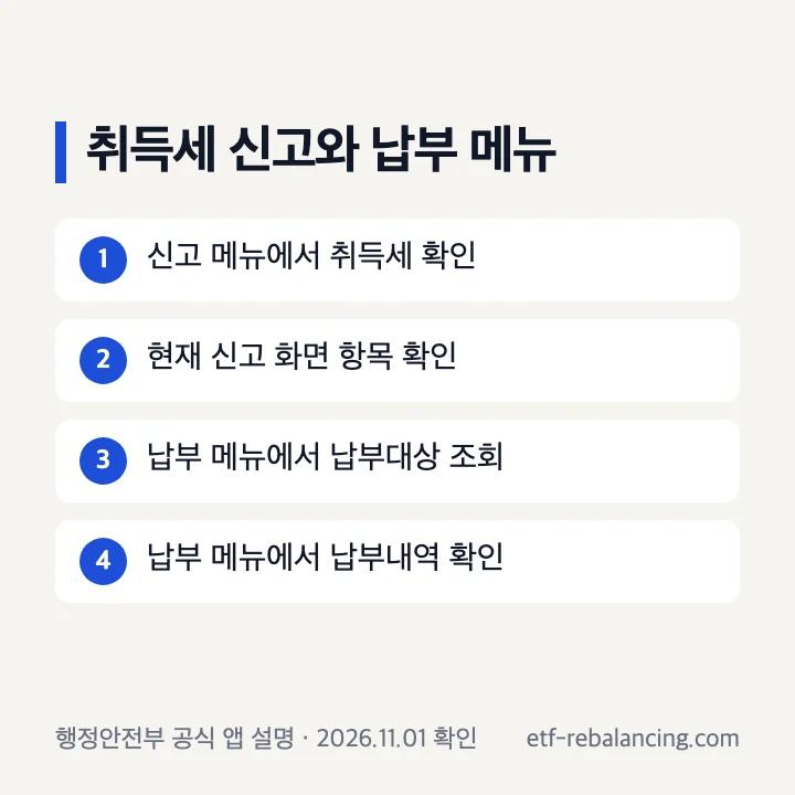스마트위택스 취득세 신고 메뉴와 납부 메뉴 구분