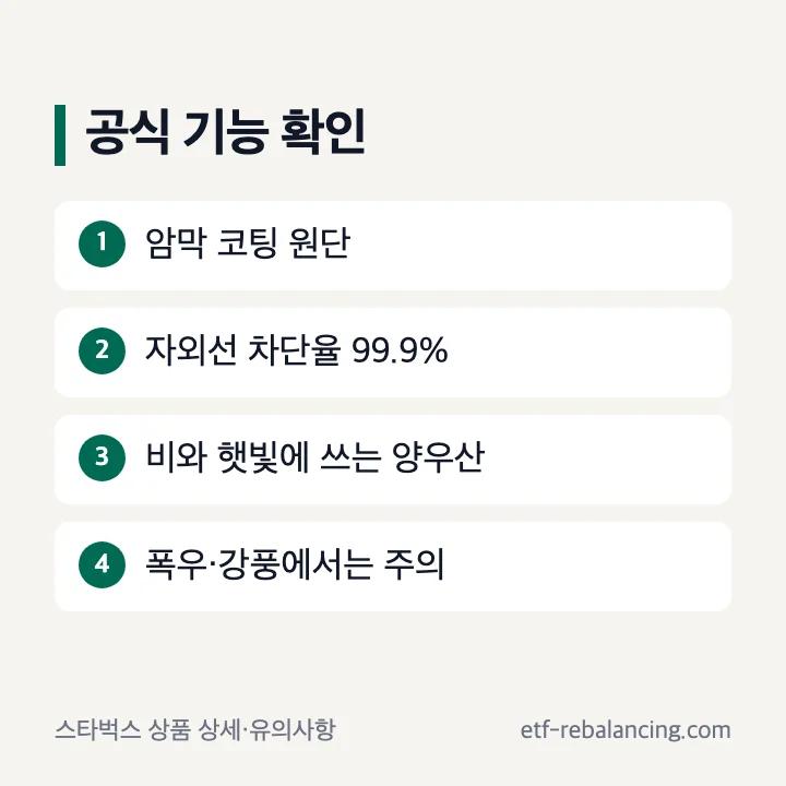 스타벅스 공식 상품 설명의 암막 코팅과 자외선 차단율
