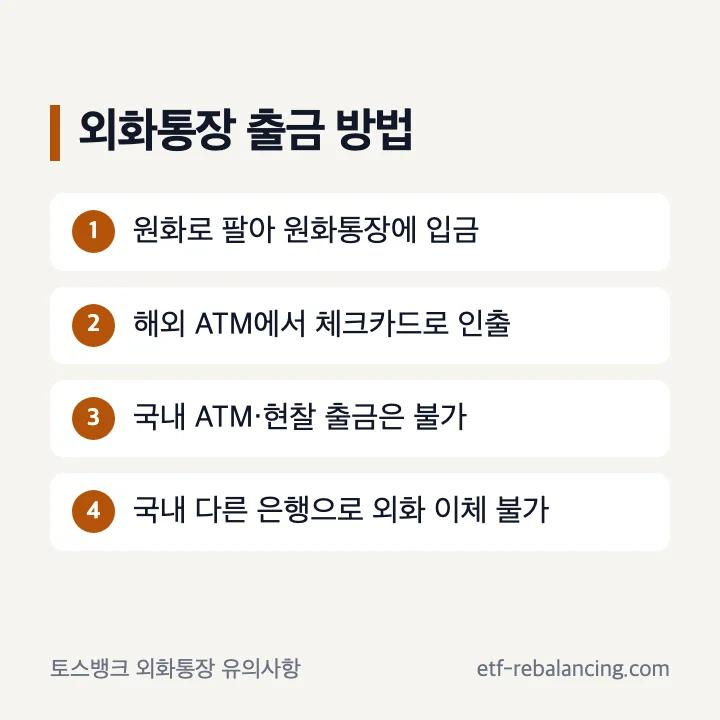 토스 외화통장 출금 방법: 원화로 팔기, 해외 ATM 인출, 국내 ATM·다른 은행 외화 이체 불가