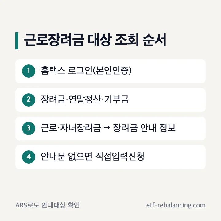 근로장려금 대상 조회 순서 홈택스 로그인 장려금 안내 정보 직접입력신청