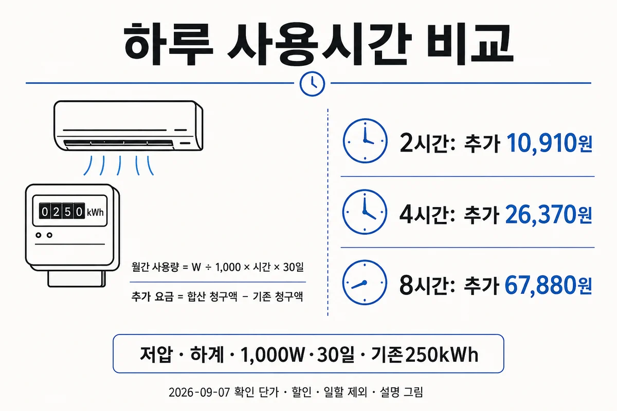 저압 하계1000W30일 기존250kWh에서 하루2시간 추가10910원,4시간26370원,8시간67880원 비교