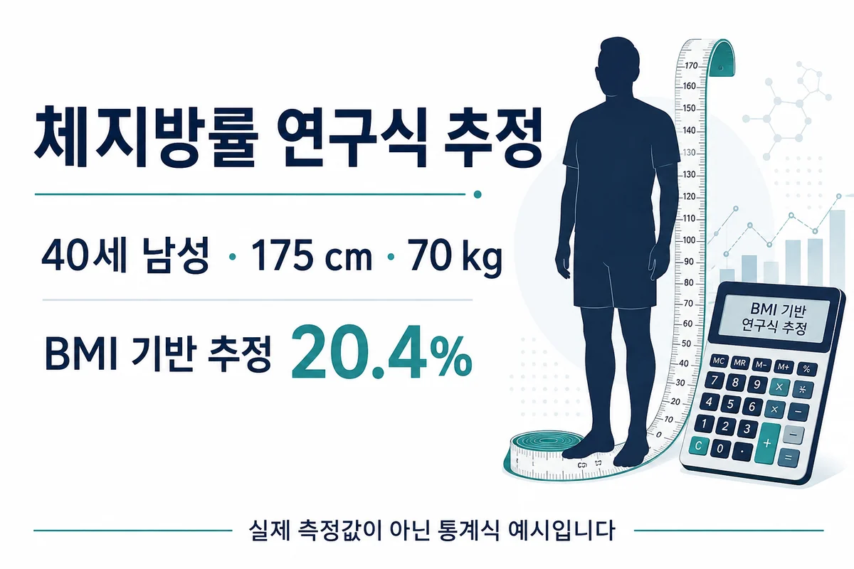 40세 남성 175cm 70kg의 BMI 기반 체지방률 추정20.4퍼센트 예시