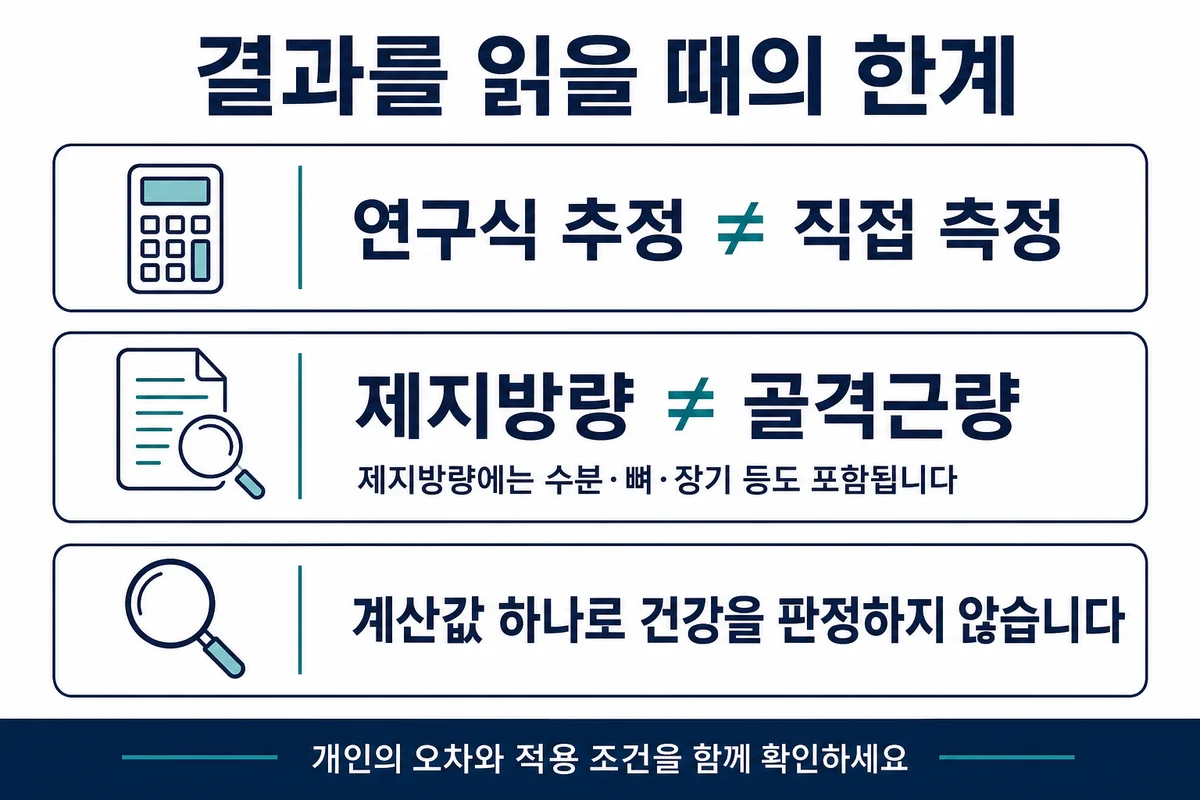 연구식 추정과 직접 측정의 차이 및 제지방량과 골격근량 구분