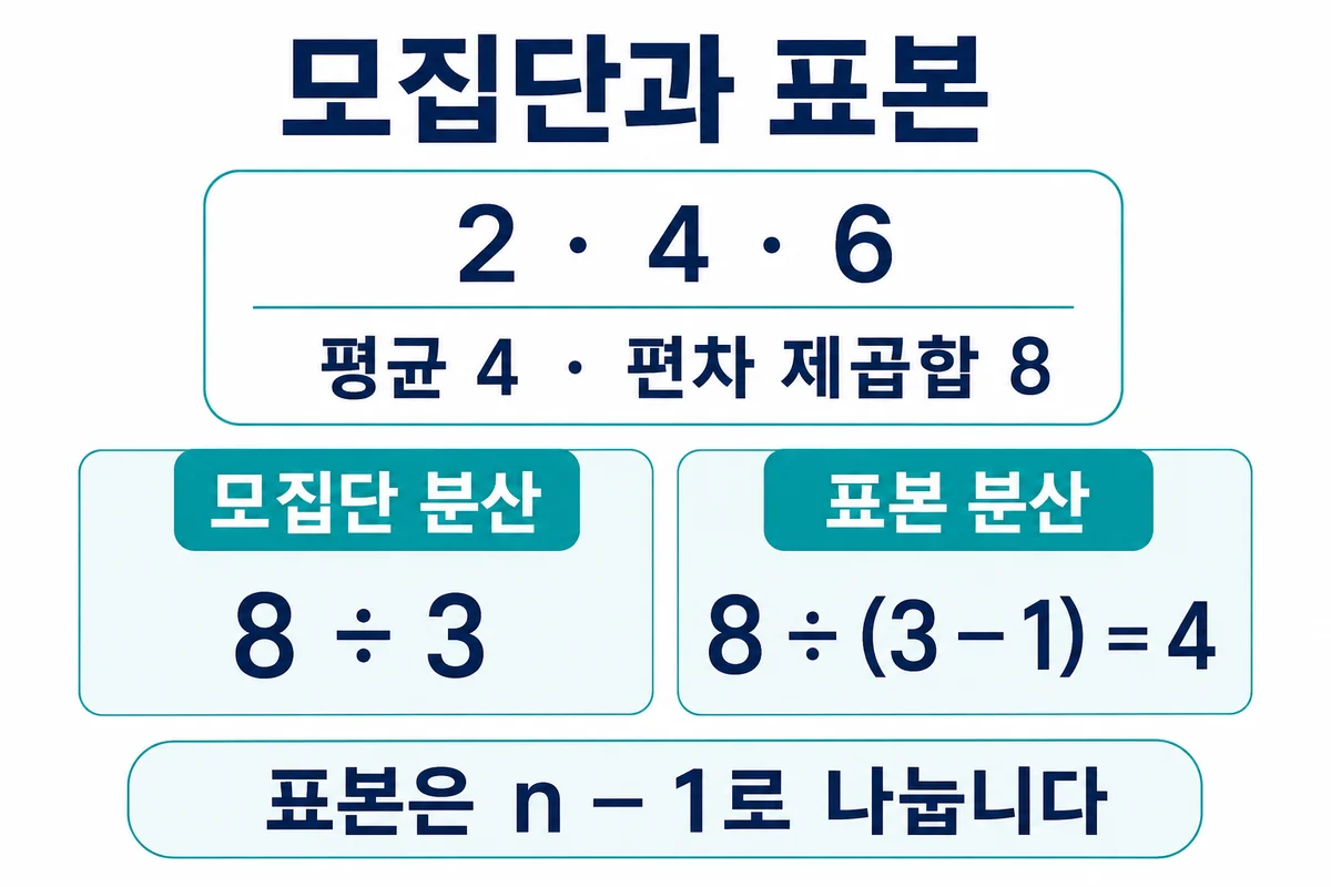 2 4 6의 편차 제곱합 8을 모집단은 3 표본은 2로 나누는 비교