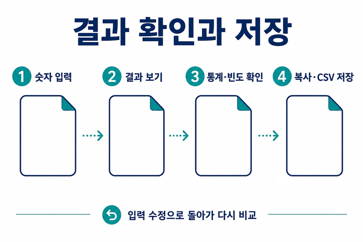 숫자 입력 결과 보기 통계와 빈도 확인 복사 CSV 저장 순서