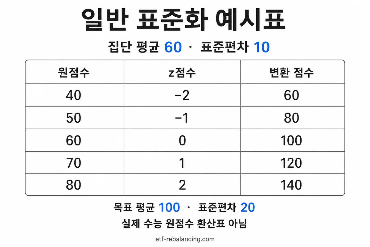 평균 60 표준편차 10에서 원점수 40 50 60 70 80의 z점수와 100 20 척도 표