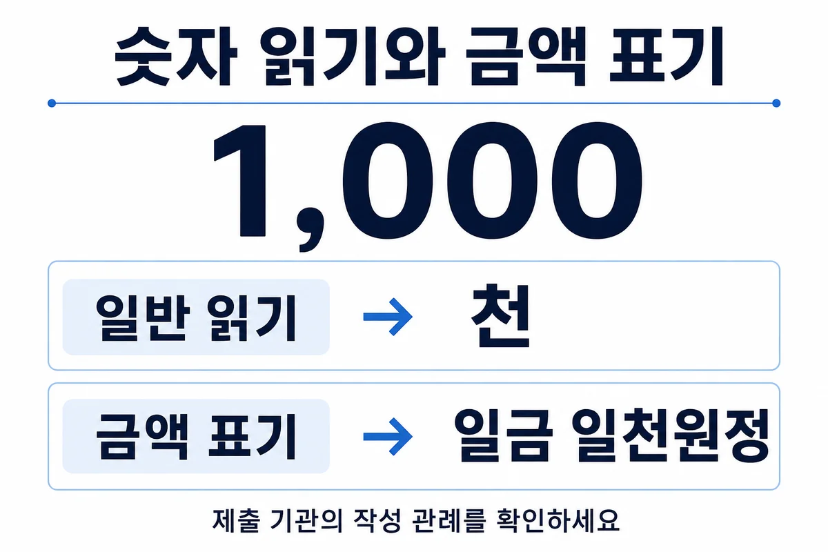 1000의 일반 읽기 천과 금액 표기 일금 일천원정 비교