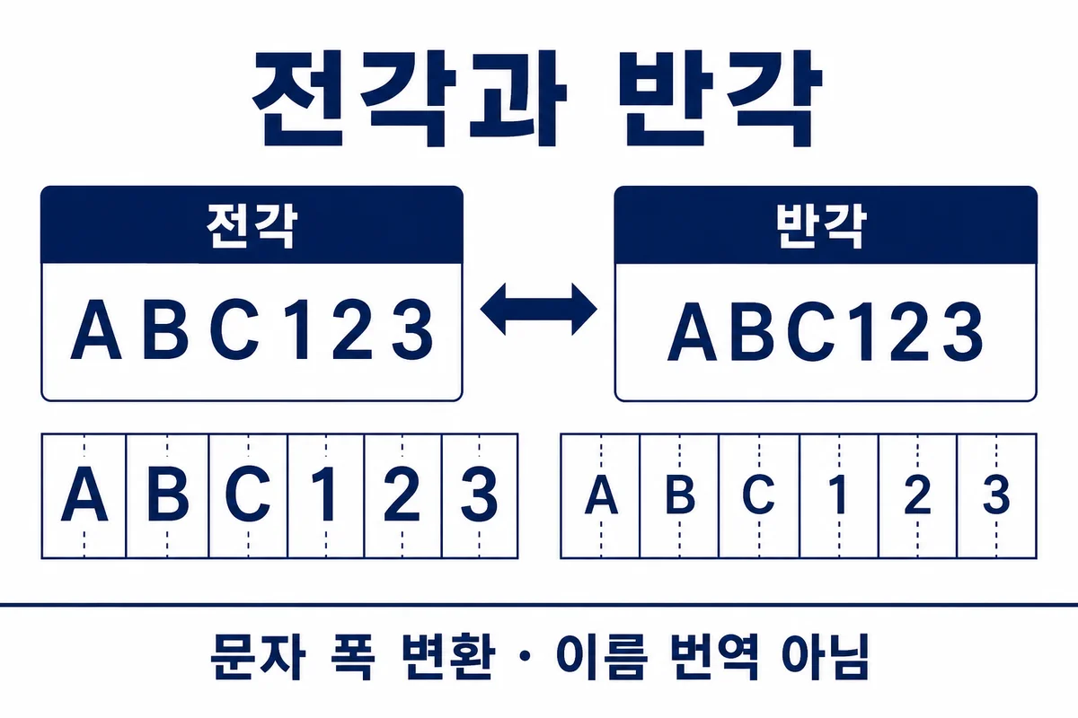 전각 영숫자와 반각 영숫자의 문자 폭 비교 개념도