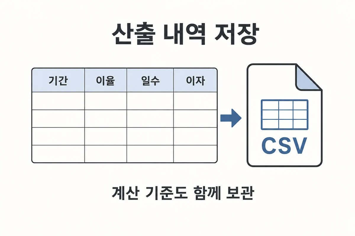 기간·이율·일수·이자 표를 CSV에 저장하는 안내