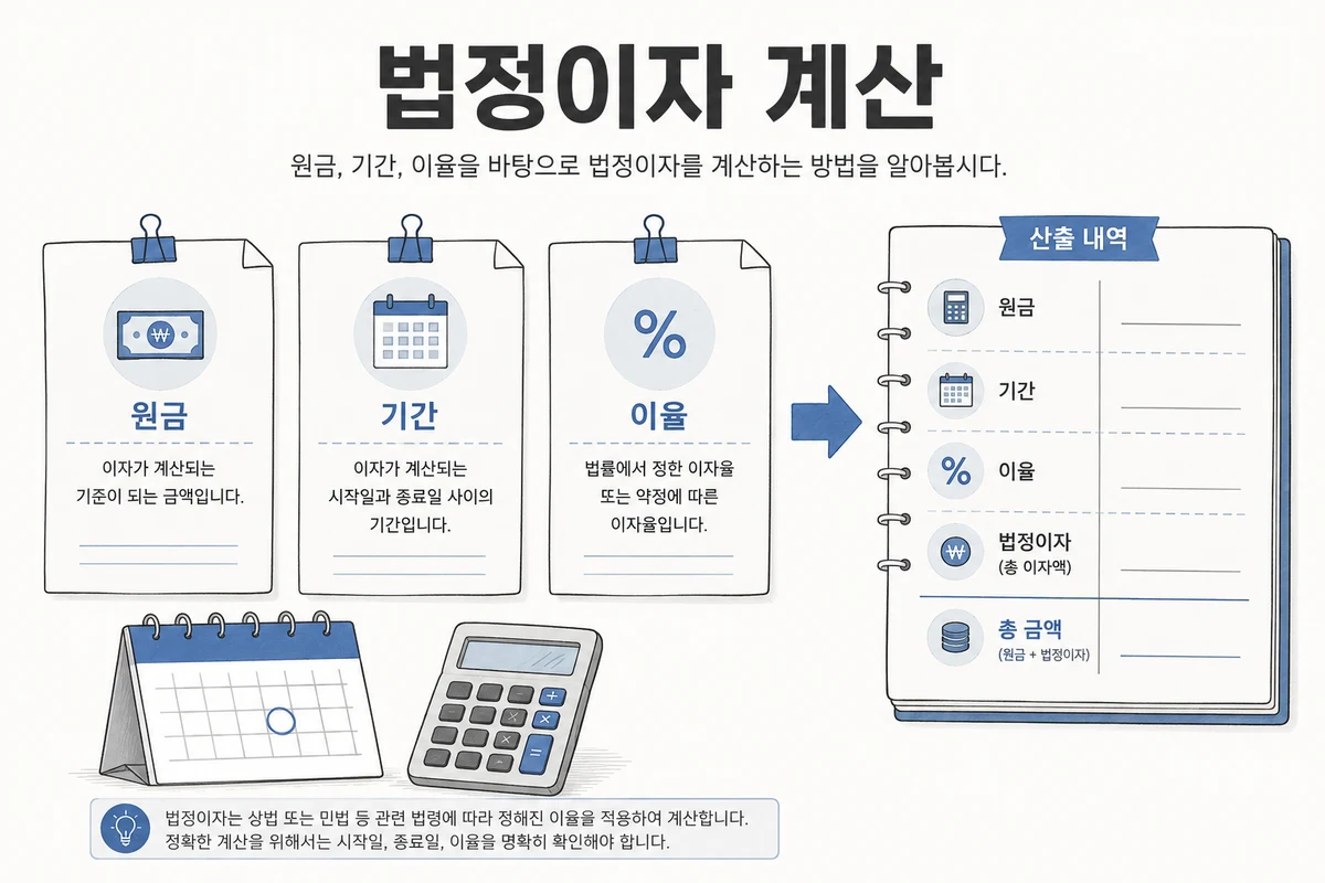 원금·기간·이율을 산출 내역으로 연결하는 법정이자 계산 안내