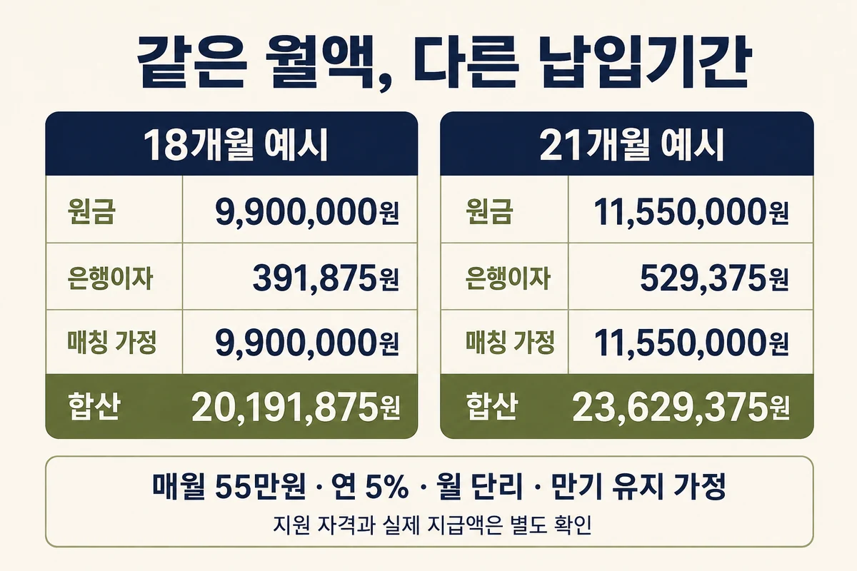 매월 55만원 연 5% 월 단리의 18개월 합계 20191875원과 21개월 합계 23629375원 가상 비교