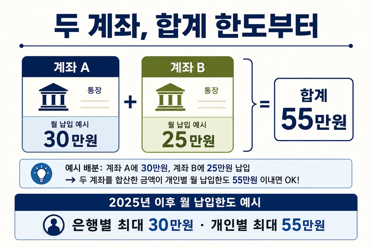 2025년 이후 계좌 A 30만원과 계좌 B 25만원을 합한 개인 월 55만원 한도 예시