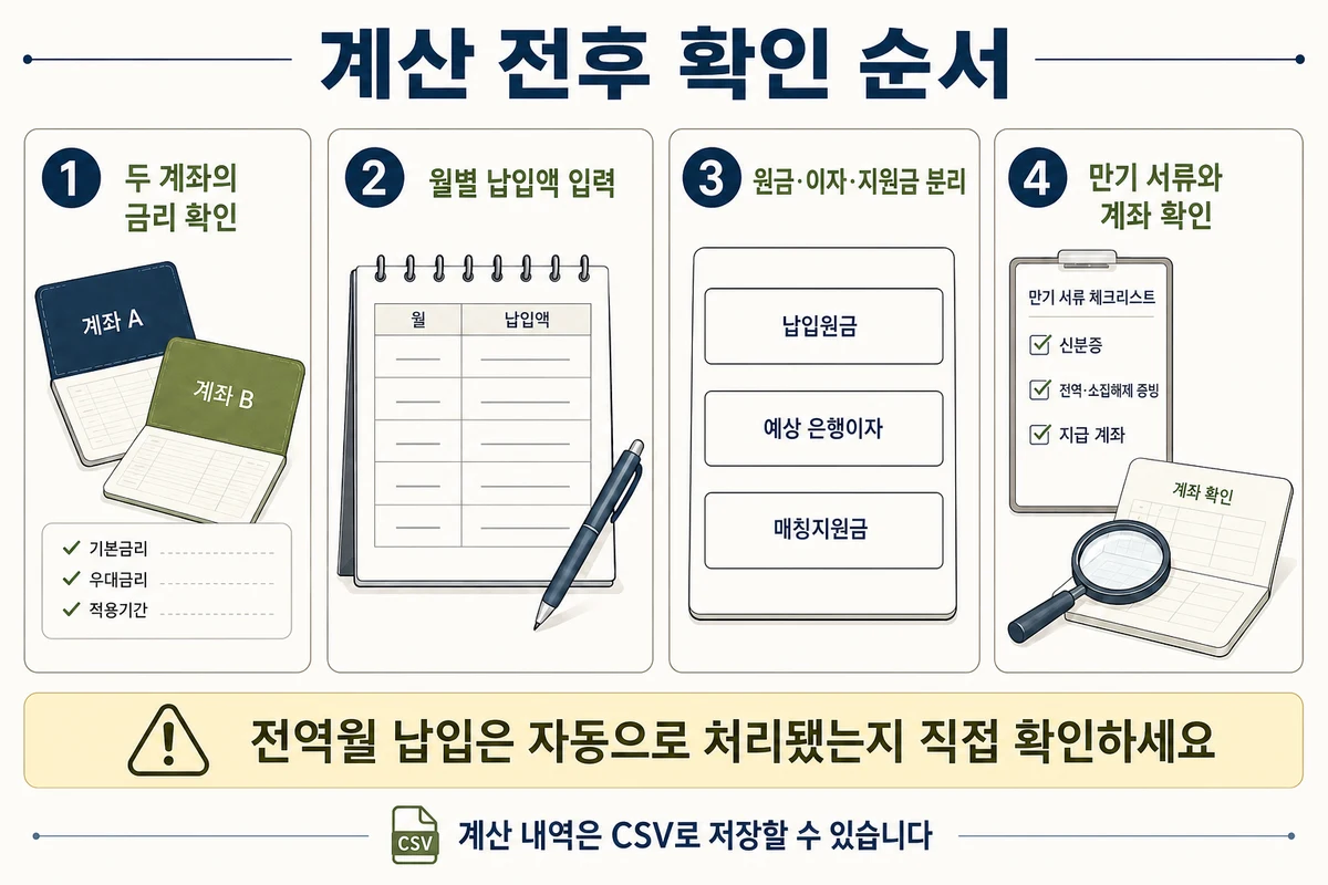 계좌 금리 확인, 월별 납입 입력, 세 항목 분리, 만기 증빙과 지급 계좌 확인 순서