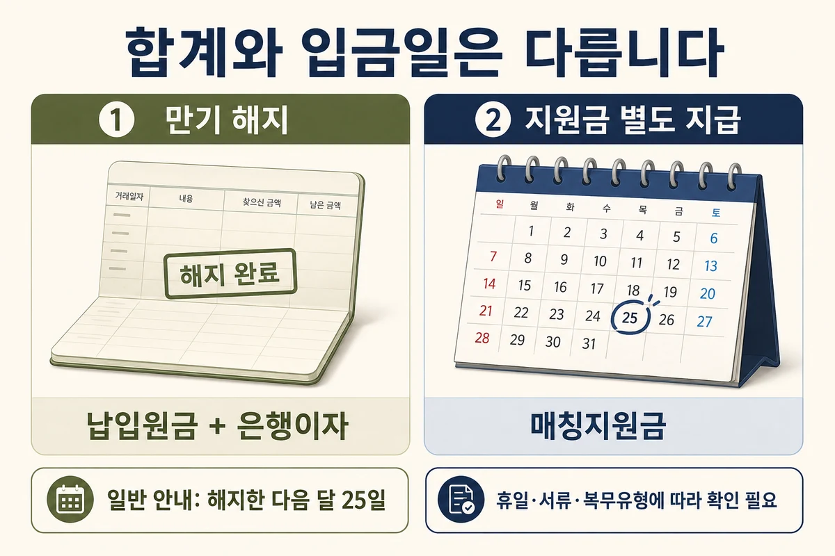 은행 만기 원리금과 매칭지원금의 별도 지급을 구분한 달력 안내