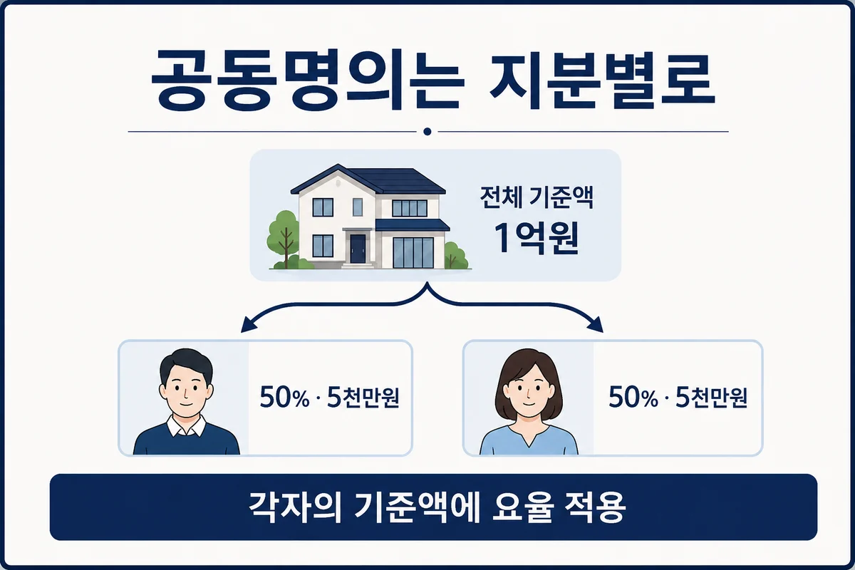전체 기준액 1억원을 취득 지분 50%씩 나누어 각각 5천만원에 요율을 적용