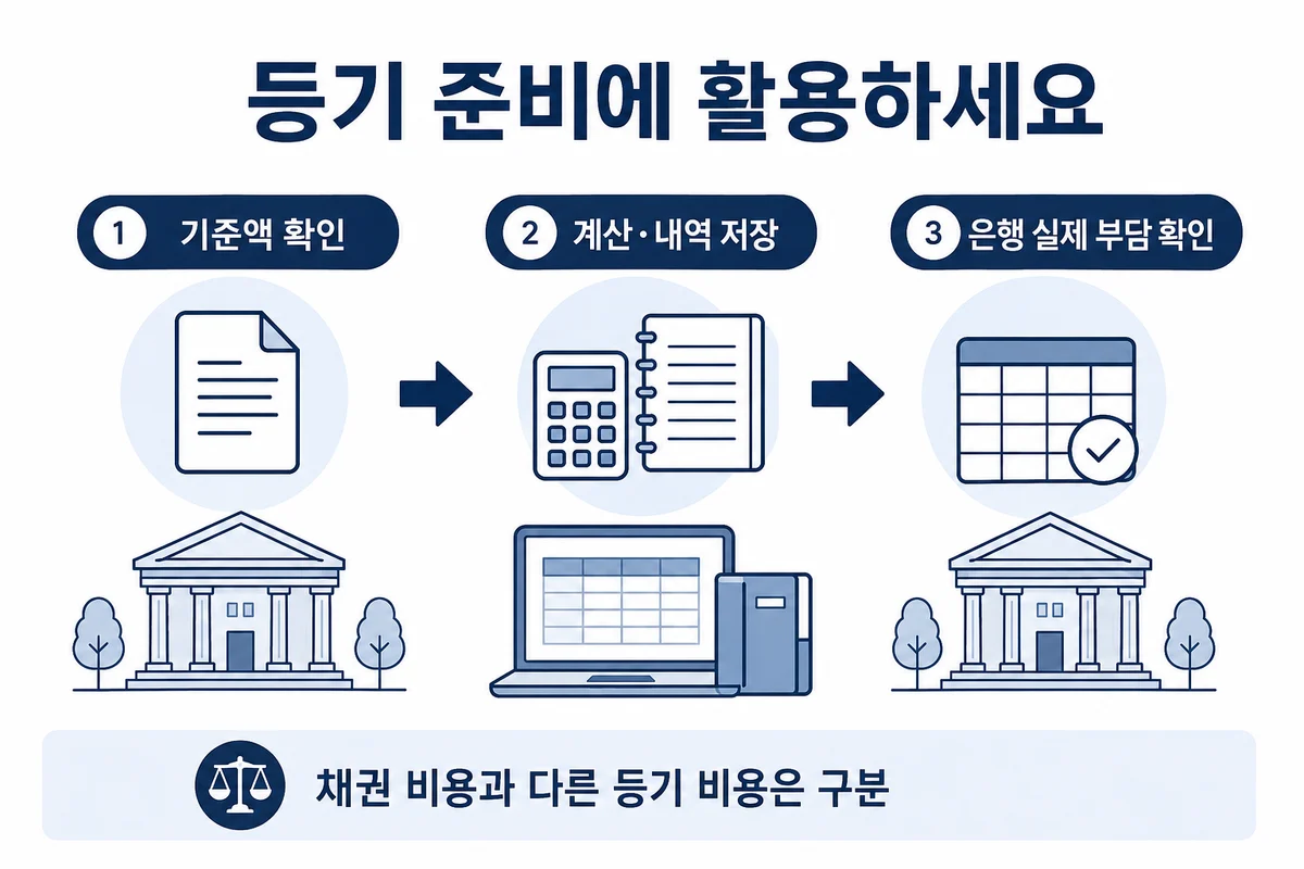 기준액 확인 후 계산과 내역 저장을 거쳐 은행 실제 부담을 확인하는 순서