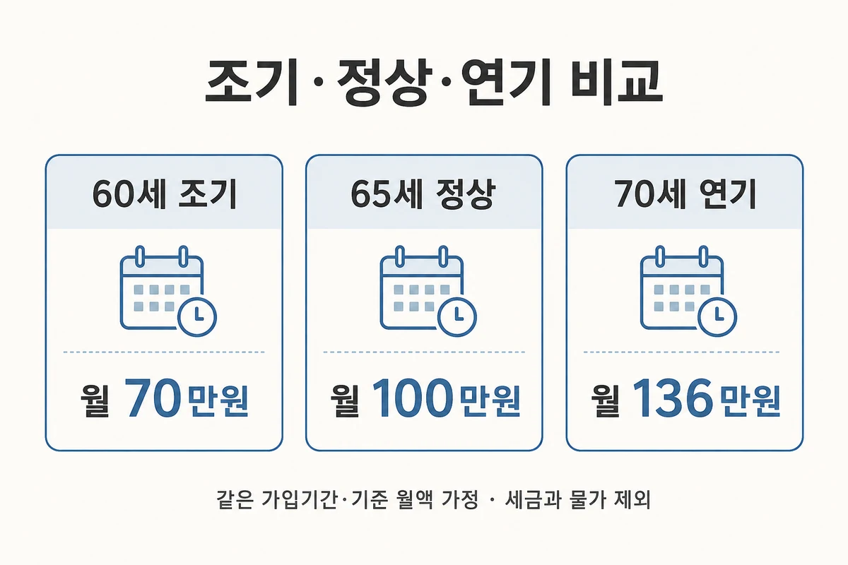 정상 65세 월100만원을 기준으로 60세 조기 월70만원과 70세 연기 월136만원 비교