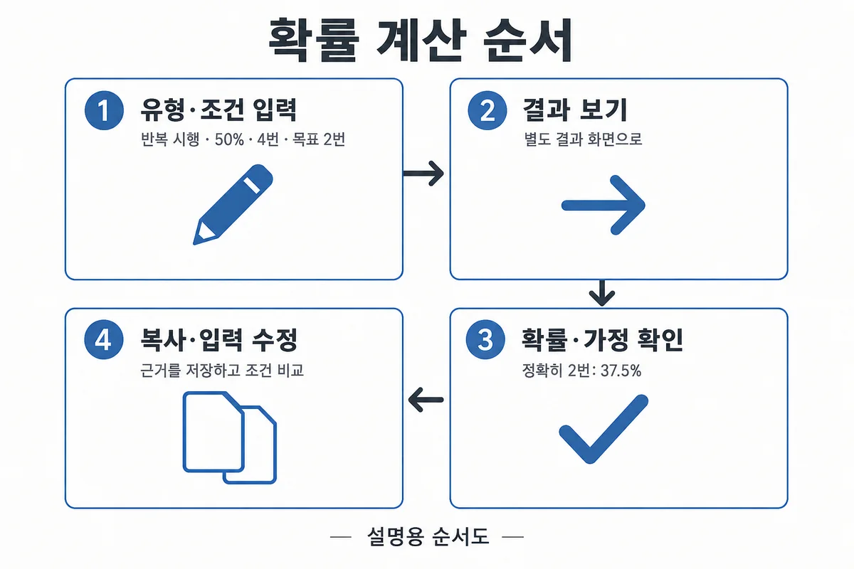 유형 조건 입력 결과 보기 확률 가정 확인 복사 입력 수정 네 단계