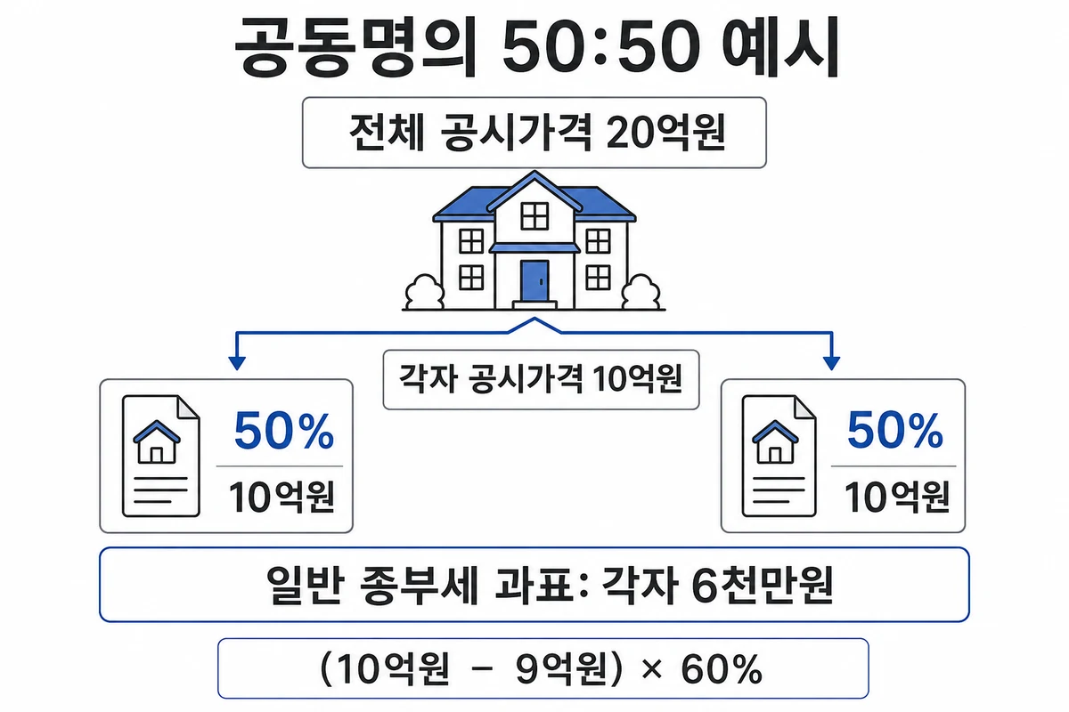 공시가격 20억원을 부부가 50%씩 소유하면 각자 10억원, 일반 종부세 과표는 각각 6천만원