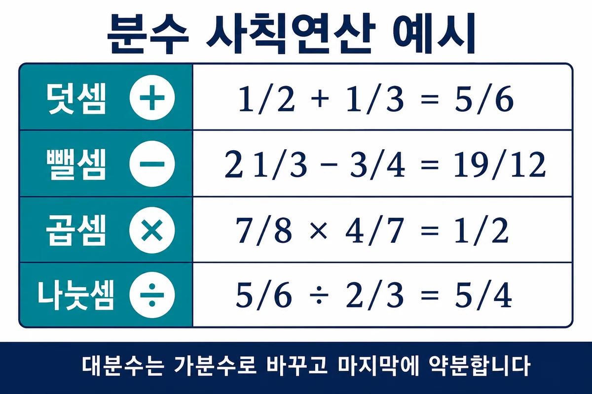 덧셈5/6 뺄셈19/12 곱셈1/2 나눗셈5/4 연산 예시