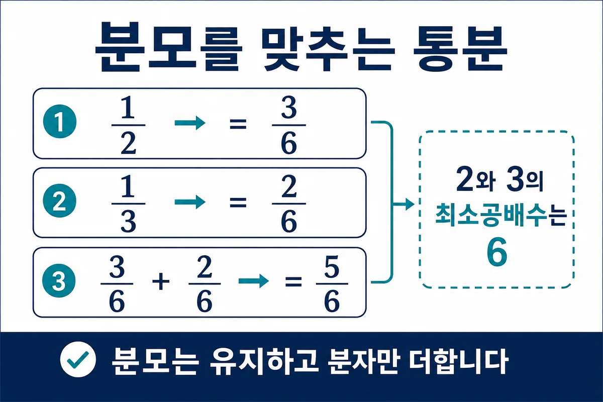 1/2와1/3을3/6과2/6으로 통분하여5/6을 구하는 과정