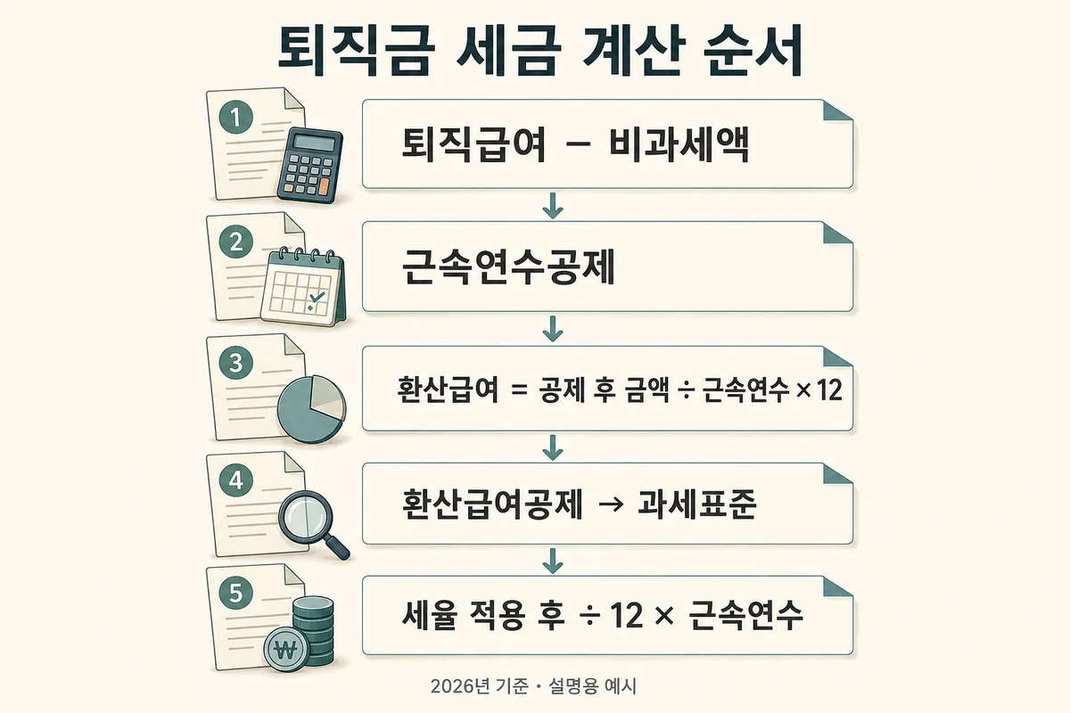 퇴직급여에서 공제를 적용하고 환산급여와 세액을 구하는 계산 순서