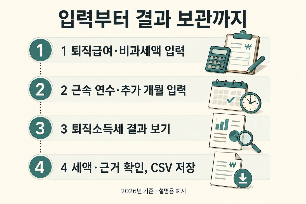 퇴직소득세 계산기의 입력·결과 보기·CSV 저장 순서 설명
