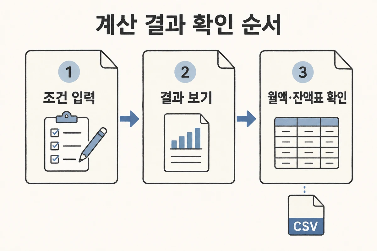 조건 입력에서 결과 보기와 월액·잔액표 및 CSV 확인으로 이어지는 순서