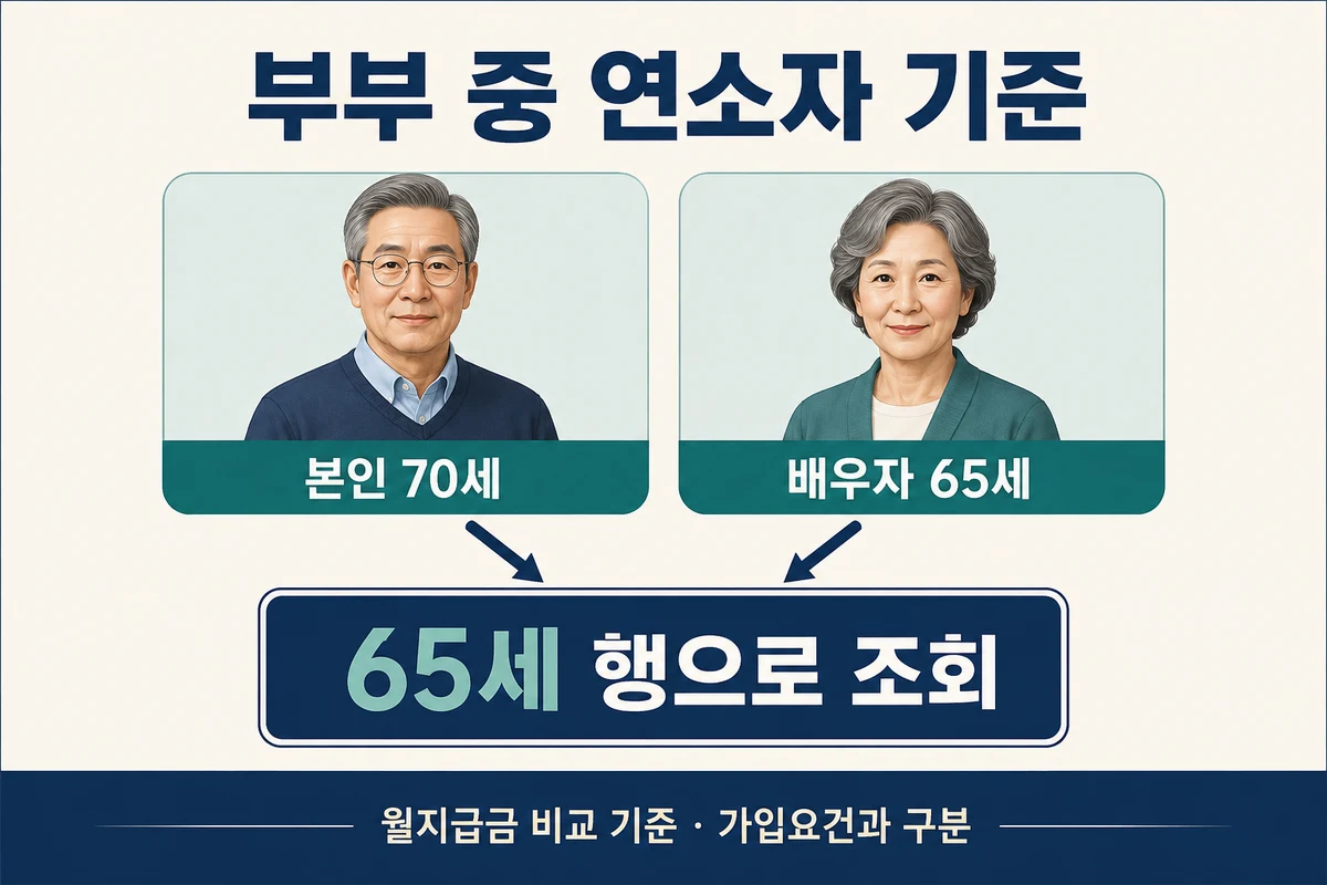 본인 70세와 배우자 65세라면 연소자인 65세 행으로 월지급금 비교
